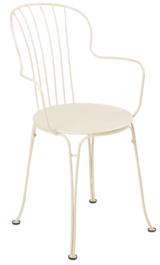 Latte-beige Fermob OPÉRA+ outdoor metal armchair with sleek design and armrests, perfect for patio or garden seating.