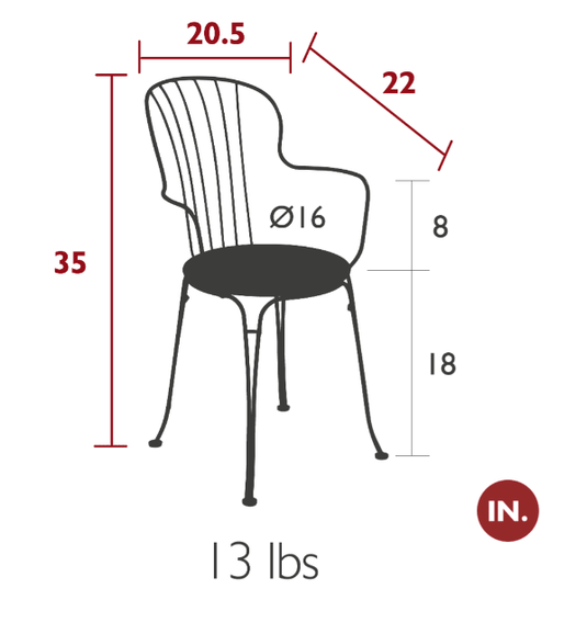 Fermob OPÉRA+ outdoor metal armchair with a sleek, modern design and armrests, ideal for outdoor patio or garden seating.