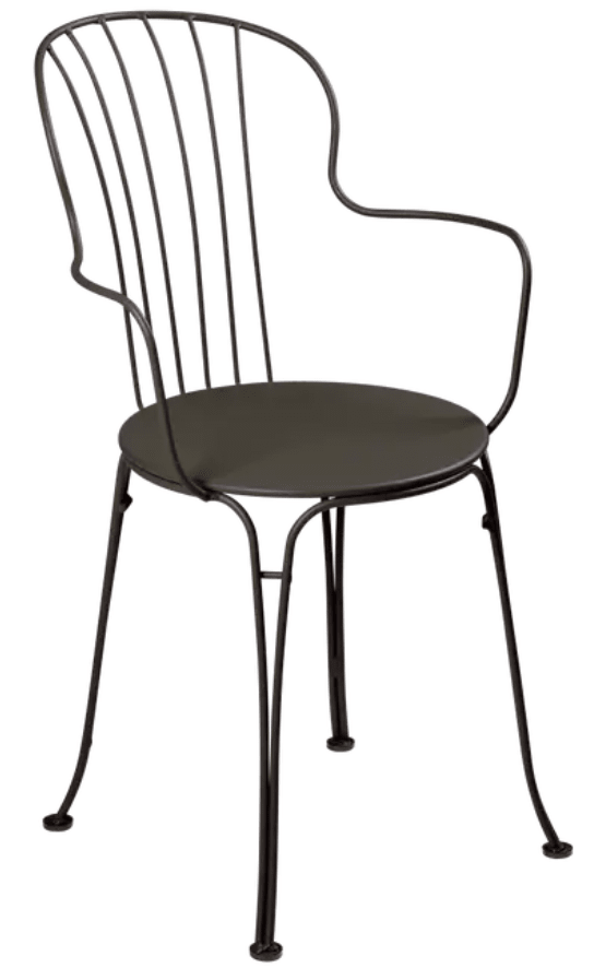 Load image into Gallery viewer, Fermob OPÉRA+ outdoor metal armchair with a sleek, modern design, shown in a vibrant yellow color on a patio.
