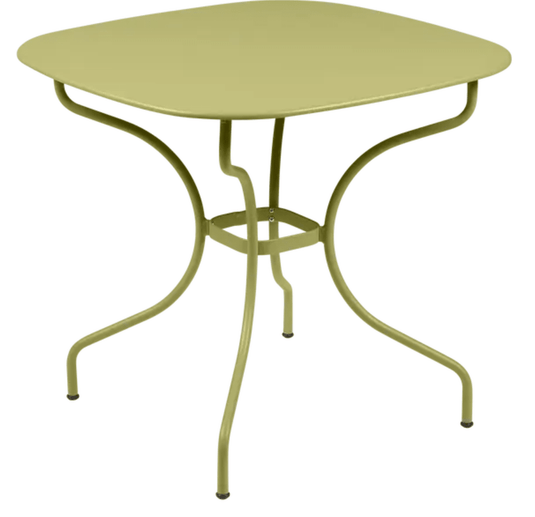 Willow green Fermob OPÉRA+ Carronde outdoor metal table, 82x82 cm, suitable for garden or patio dining and outdoor spaces.