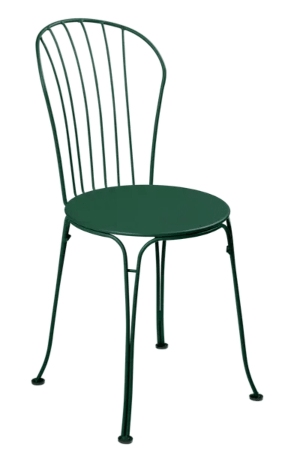 Load image into Gallery viewer, Cedar green Fermob OPÉRA+ metal outdoor chair with curved backrest and armrests, suitable for patio or restaurant outdoor seating.
