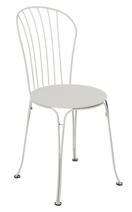 Clay grey Fermob OPÉRA+ metal outdoor chair featuring a sleek design, ideal for patio or restaurant seating.