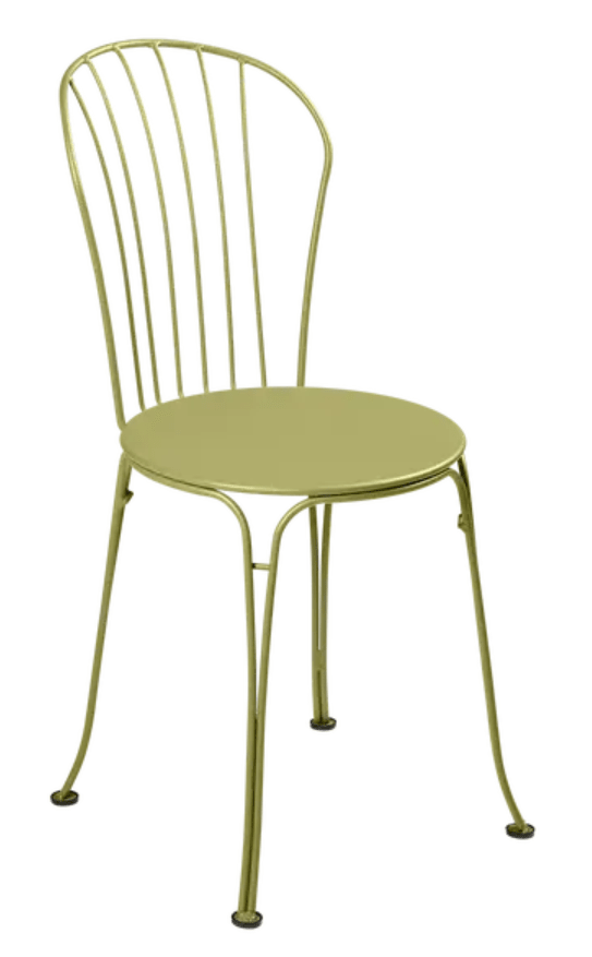 Load image into Gallery viewer, Willow green Fermob OPÉRA+ outdoor metal chair with curved backrest and slender legs, suitable for outdoor restaurant seating.
