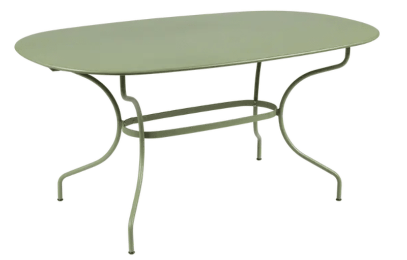 Load image into Gallery viewer, Fermob OPÉRA+ oval metal outdoor table, 160x90 cm, six-seater with a sleek design and cactus green finish.
