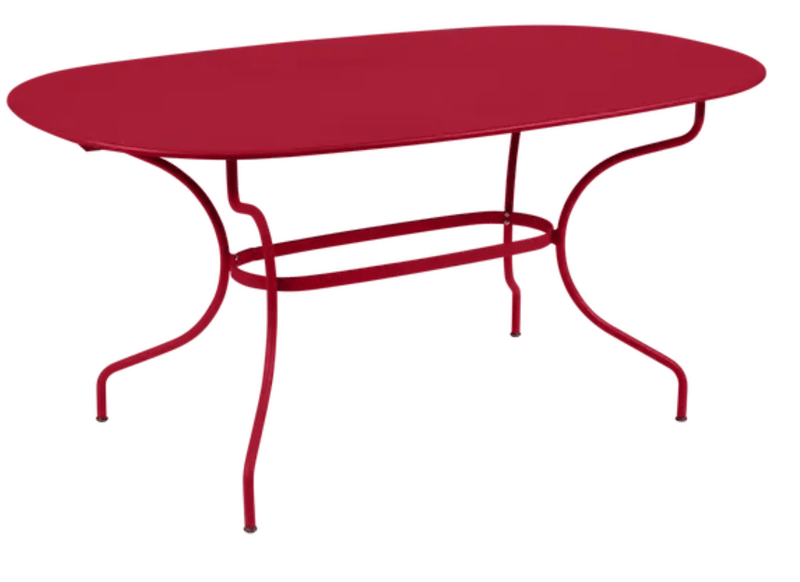 Load image into Gallery viewer, Fermob OPÉRA+ oval metal outdoor table, 160x90 cm, six-seater, with a vibrant red finish and sleek design for patio or garden.
