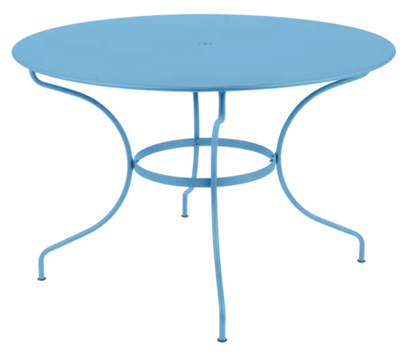 Load image into Gallery viewer, Fermob OPÉRA+ metal outdoor table in Maya Blue, 117 cm diameter, six-seater with sleek round design for patio or garden.
