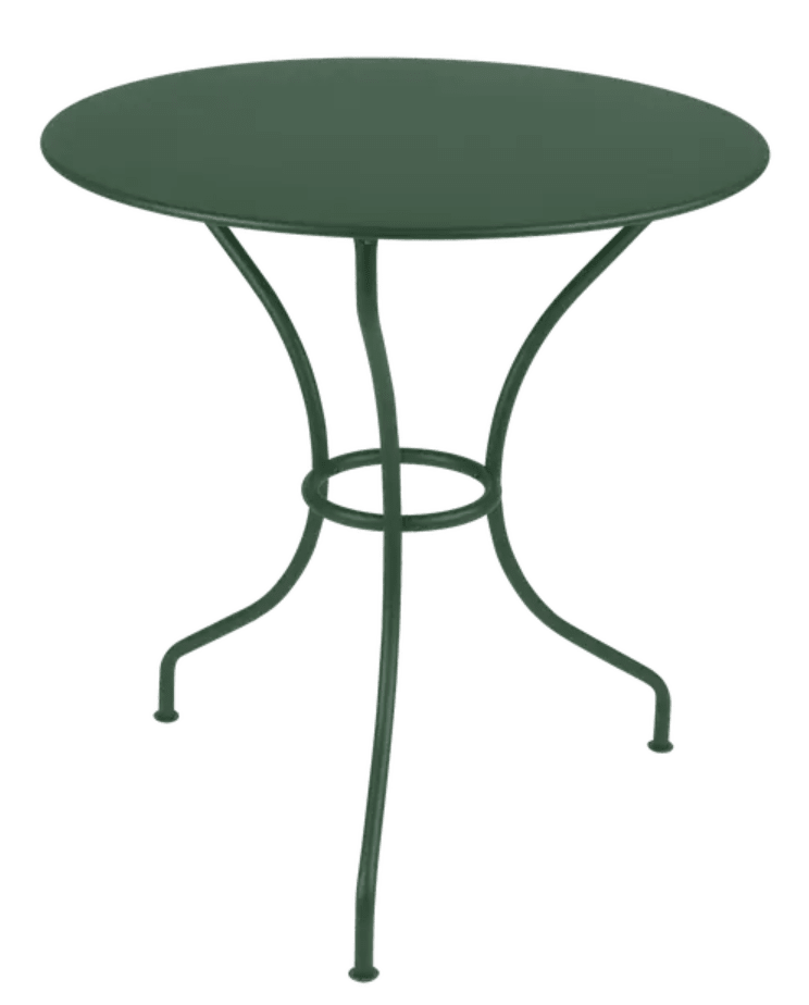 Load image into Gallery viewer, Cedar green Fermob OPÉRA+ outdoor metal table with 67 cm diameter, suitable for patio or restaurant outdoor furniture.

