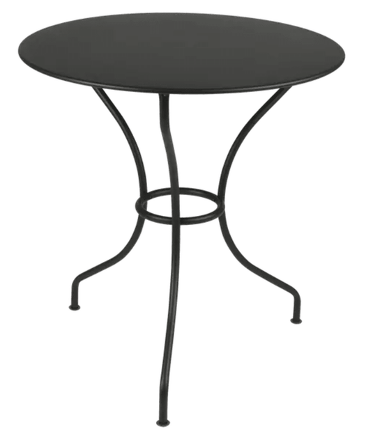 Fermob OPÉRA+ outdoor metal table with 67 cm diameter in liquorice color, suitable for patio or restaurant outdoor seating.