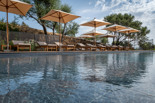 Fermob IBIZA teak outdoor sunlounger with adjustable backrest, placed poolside in an outdoor lounge setting.