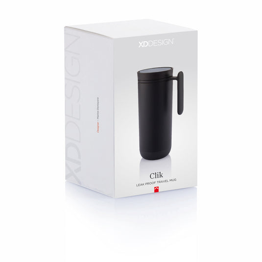 XD Design Clik leak-proof travel mug in black with a secure lid, designed for spill-free on-the-go drinking.
