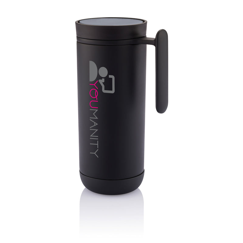 Load image into Gallery viewer, XD Design Clik leak-proof travel mug in black, showing its spill-proof lid and sleek design for on-the-go drinkware.
