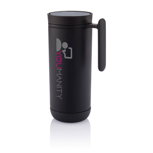 XD Design Clik leak-proof travel mug in black, showing its spill-proof lid and sleek design for on-the-go drinkware.