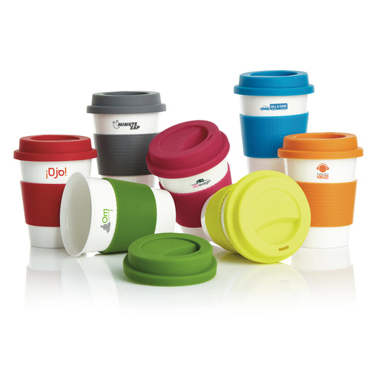 White PLA coffee cup from XD Collection drinkware set, featuring a smooth surface and sturdy handle for hot beverages.