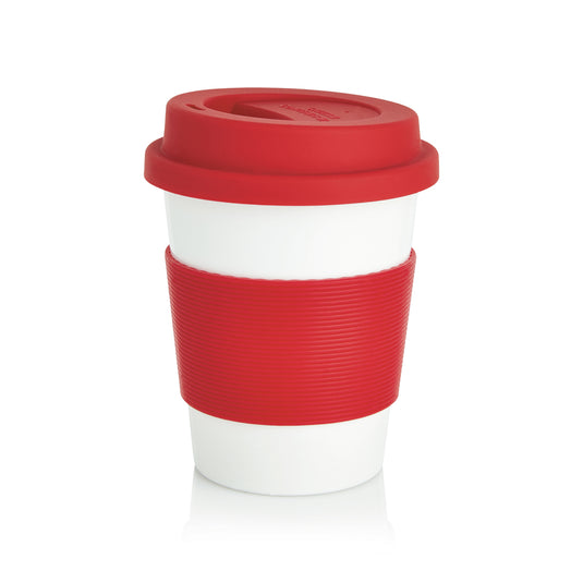 XD Collection PLA coffee cup, eco-friendly drinkware with a biodegradable design, shown with a white lid and natural fiber texture.