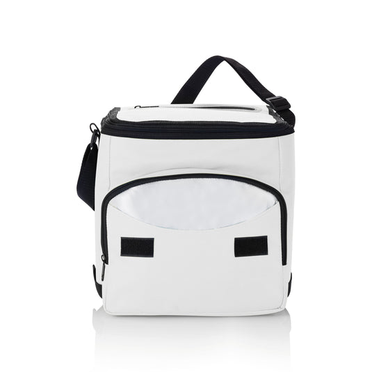 Foldable outdoor cooler bag by XD Collection with insulated compartments and adjustable shoulder strap, ready for outdoor activities.
