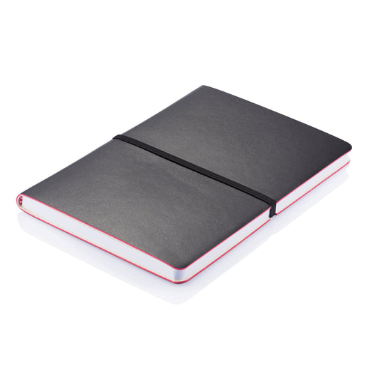 Deluxe softcover A5 notebook from XD Collection with black cover and rounded corners, open to blank pages.