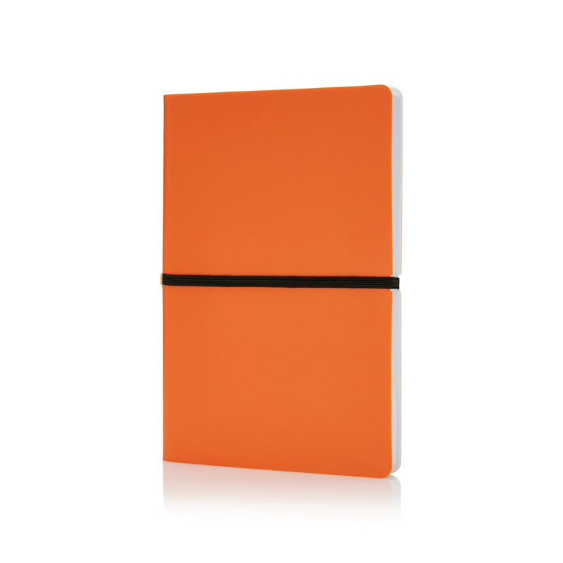 Load image into Gallery viewer, Deluxe softcover A5 notebook from XD Collection with a smooth black cover and visible elastic closure.
