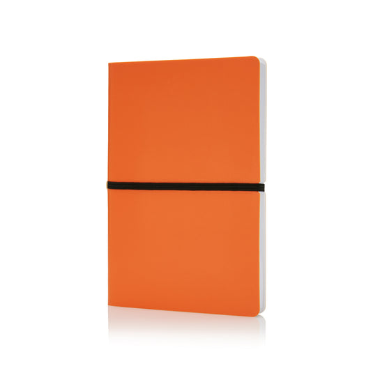 Deluxe softcover A5 notebook from XD Collection with a smooth black cover and visible elastic closure.