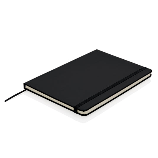 A5 hardcover notebook from XD Collection with classic design, open to show lined pages and durable black cover.