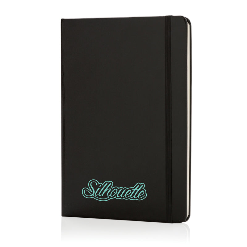 Load image into Gallery viewer, A classic hardcover A5 notebook from XD Collection with a sleek black cover, open to show lined pages inside.
