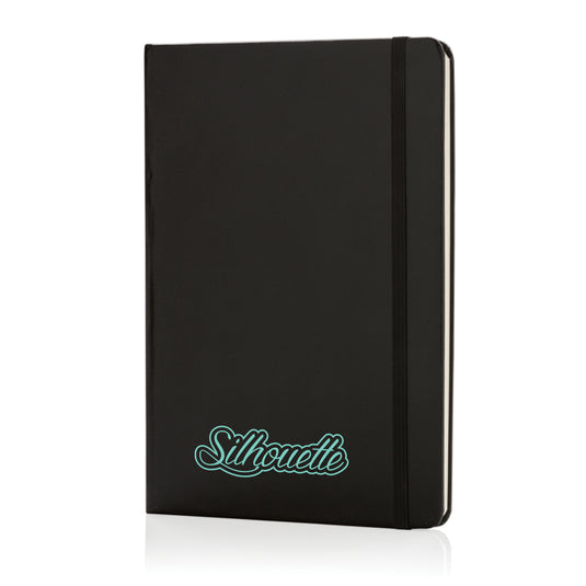 A classic hardcover A5 notebook from XD Collection with a sleek black cover, open to show lined pages inside.