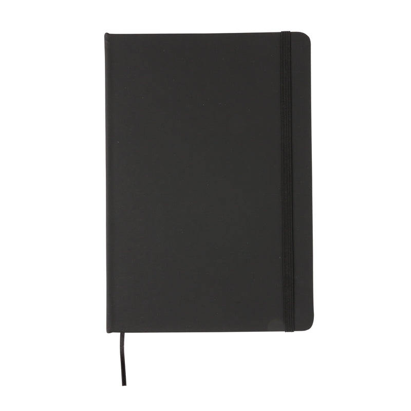 Load image into Gallery viewer, A5 hardcover PU notebook from XD Collection with a sleek black cover, open to reveal lined pages for writing or note-taking.
