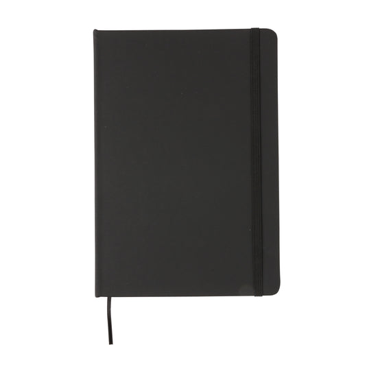 A5 hardcover PU notebook from XD Collection with a sleek black cover, open to reveal lined pages for writing or note-taking.