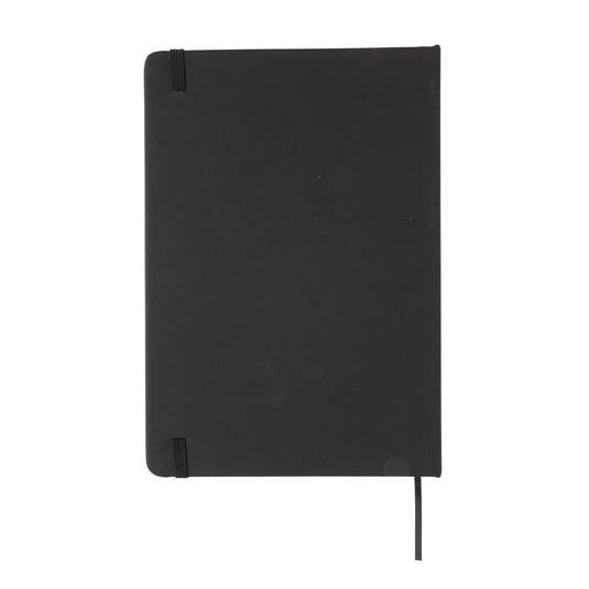 A5 hardcover PU notebook from XD Collection featuring a sleek, professional design with a durable black cover and elastic closure.