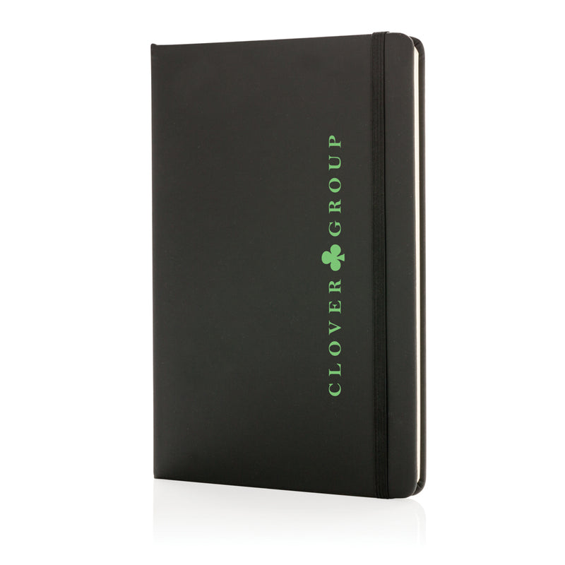 Load image into Gallery viewer, A5 hardcover PU notebook from XD Collection with a sleek black cover and elastic closure, ideal for note-taking and journaling.
