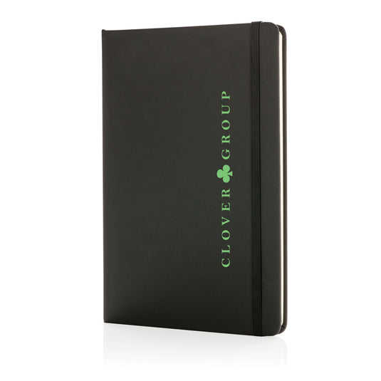 A5 hardcover PU notebook from XD Collection with a sleek black cover and elastic closure, ideal for note-taking and journaling.