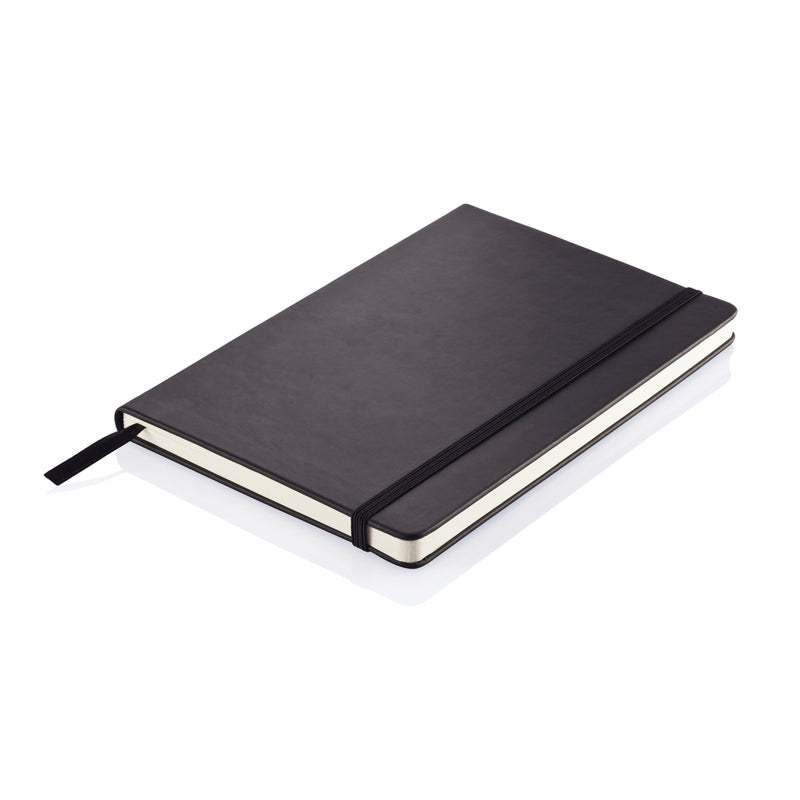 Load image into Gallery viewer, Deluxe hardcover PU A5 notebook from XD Collection featuring a sleek, black design with textured surface and elastic closure.
