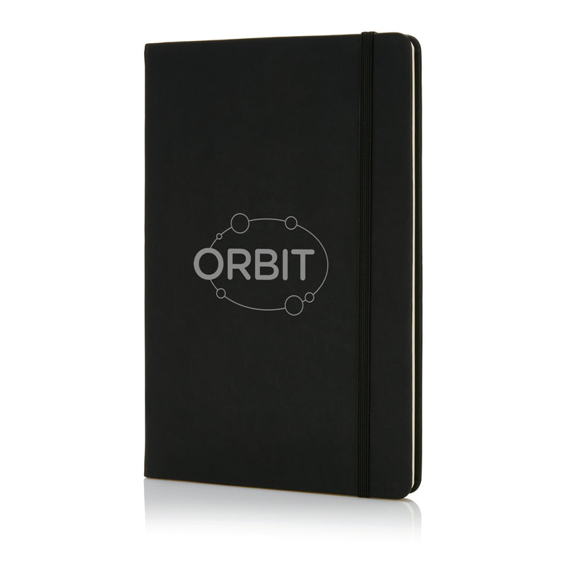 Load image into Gallery viewer, Deluxe hardcover PU A5 notebook from XD Collection with smooth black cover and gold accents, open showing lined pages.
