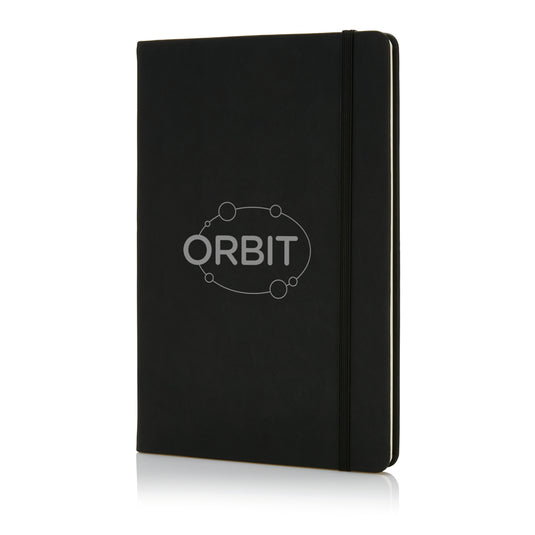 Deluxe hardcover PU A5 notebook from XD Collection with smooth black cover and gold accents, open showing lined pages.