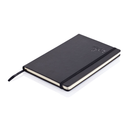 Deluxe hardcover PU A5 notebook from XD Collection with a sleek, professional design and elastic closure.