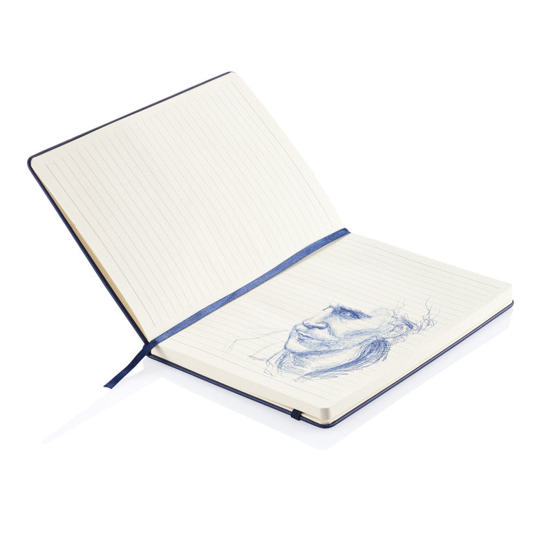 Load image into Gallery viewer, Deluxe hardcover PU A5 notebook from XD Collection with smooth black cover and gold embossed logo on front.
