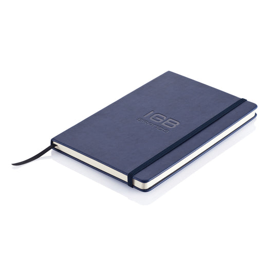 Deluxe hardcover PU A5 notebook from XD Collection, showcasing a sleek black cover and compact size for note-taking and journaling.