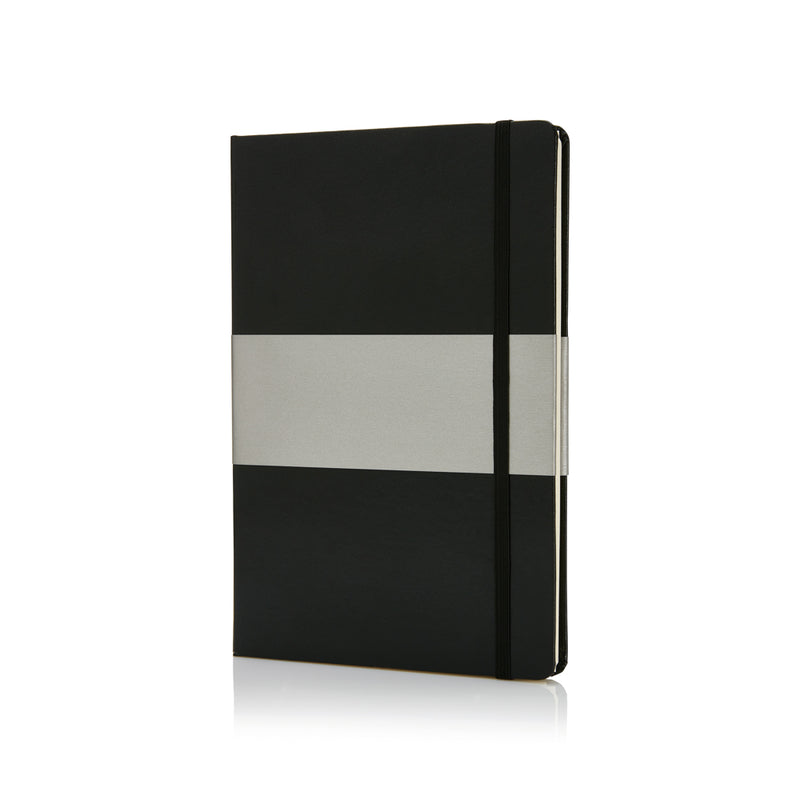 Load image into Gallery viewer, Deluxe hardcover A5 notebook from XD Collection with a sleek black cover, open to show lined pages, ideal for writing and note-taking.
