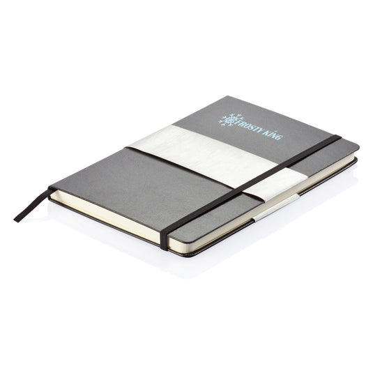 Deluxe hardcover A5 notebook from XD Collection with a sleek black cover and gold accents, open to show lined pages.
