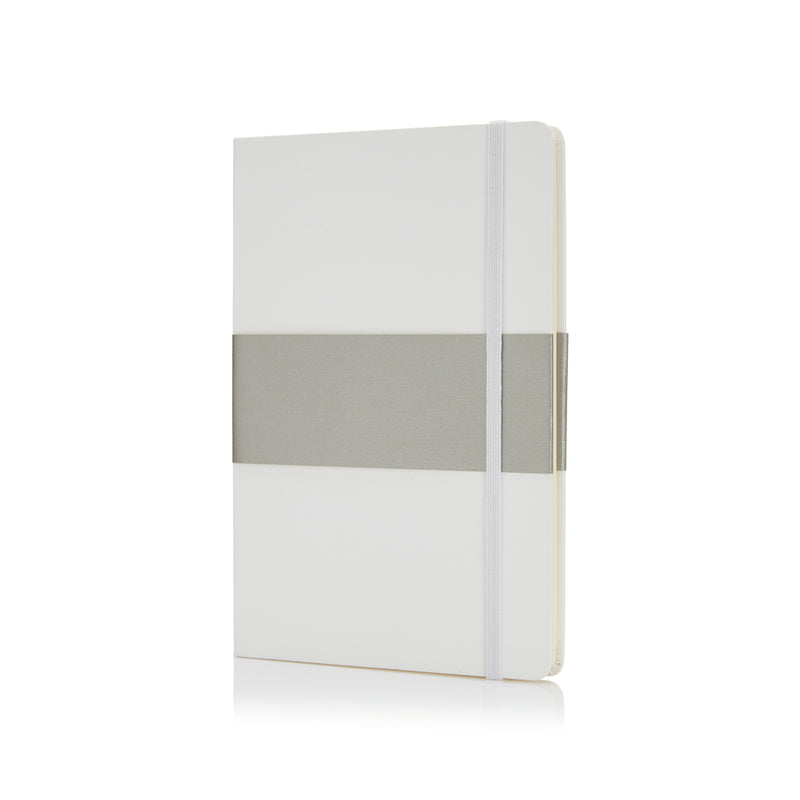 Load image into Gallery viewer, Deluxe hardcover A5 notebook from XD Collection with a sleek black cover and rounded corners, open to show lined pages inside.
