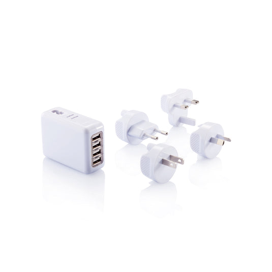 XD Collection travel plug with 4 USB ports and power outlets, compact phone and tablet charging accessory.