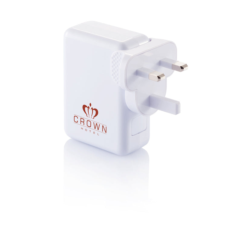 Load image into Gallery viewer, XD Collection travel plug with 4 USB ports for charging phones and tablets, compact phone and tablet accessory with multiple USB outlets.
