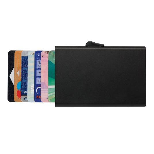 C-Secure aluminium RFID card holder with secure closure, designed for safe travel and compact storage of credit cards.