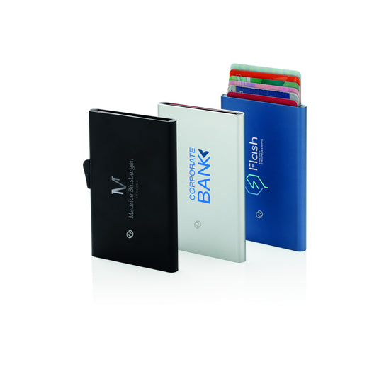 C-Secure aluminium RFID card holder in a sleek compact design, ideal for secure travel and everyday card storage.