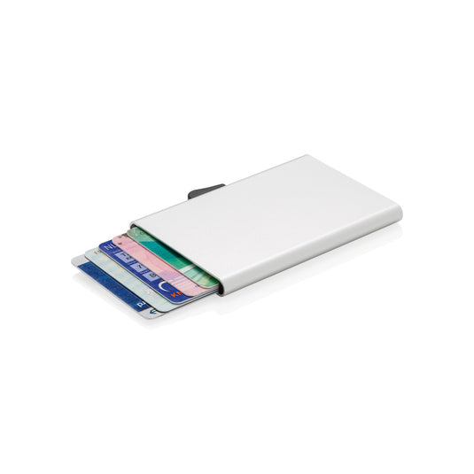 C-Secure aluminium RFID card holder in black with secure snap closure, designed for protecting RFID cards and travel essentials.
