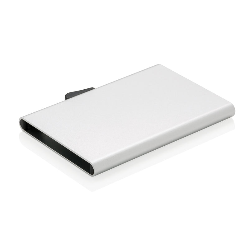 Load image into Gallery viewer, C-Secure aluminium RFID card holder in black with sleek design, compact travel accessory for secure card storage.
