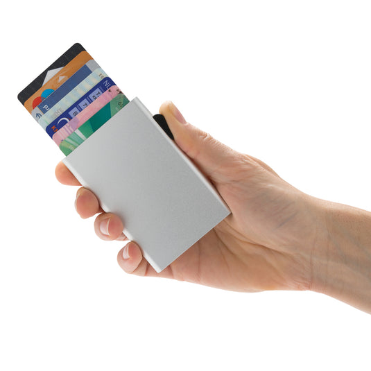 C-Secure aluminium RFID card holder in black, compact travel wallet with secure card slots and sleek design.
