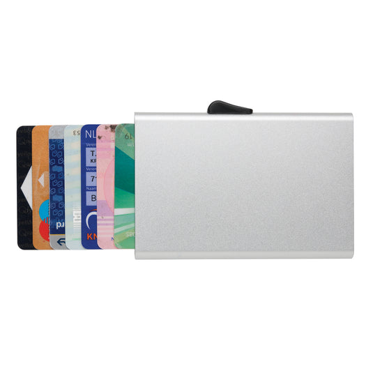C-Secure aluminium RFID card holder in black, compact travel wallet with secure card slots and sleek design.