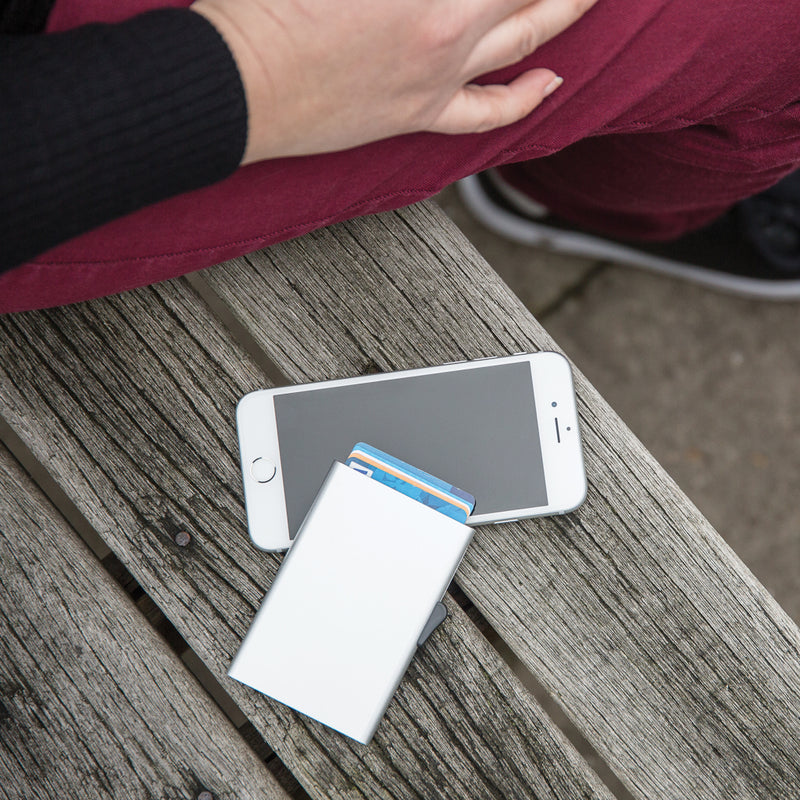 Load image into Gallery viewer, C-Secure aluminium RFID card holder, compact travel wallet with secure card storage, designed for RFID protection and sleek portability.
