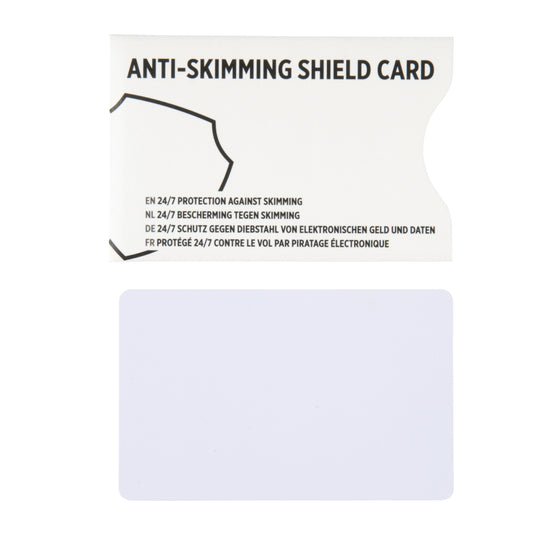 XD Collection RFID shield card with active jamming chip for bags and travel security, showing sleek design and compact size.