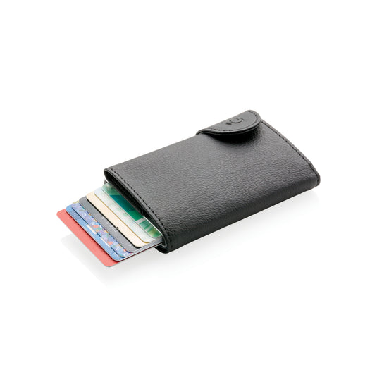 C-Secure RFID card holder wallet made of durable material, with multiple card slots and compact design for secure travel storage.